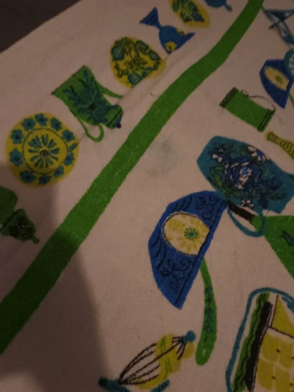 Vintage MCM Kitschy Kitchen Fabric Spice Vegetables Blue Green Brown Table Cloth